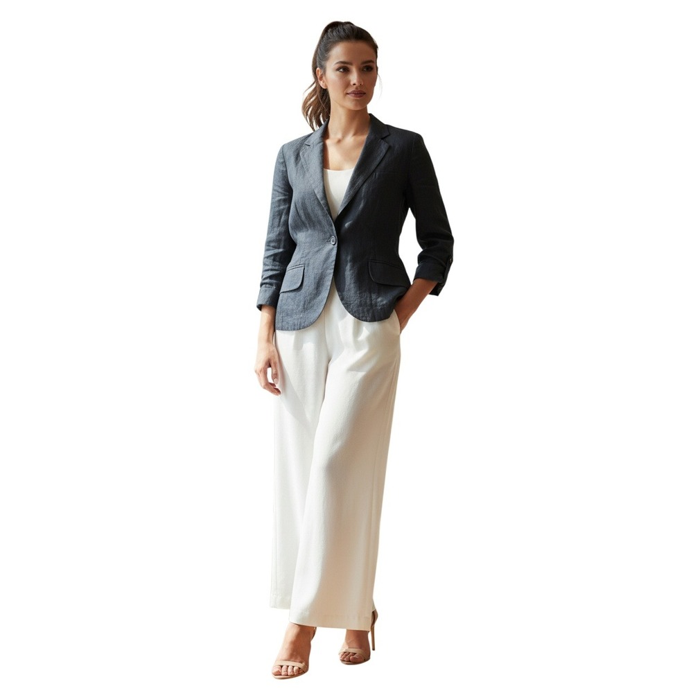 Olivia Moon 100% Linen Blazer Jacket Charcoal Grey NWOT Single Button Minimalist